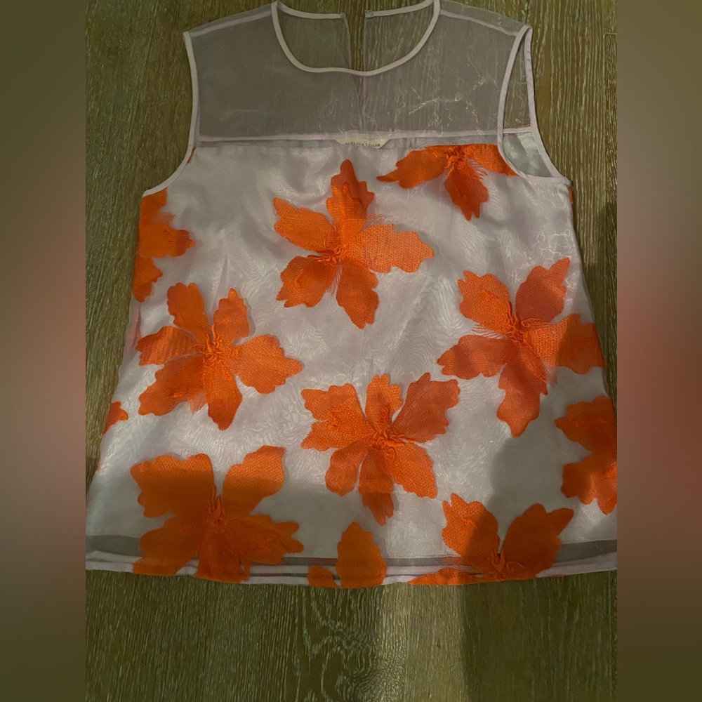 Rebecca Taylor Sheer Top with Embroidered Orange Floral Design - sz 4